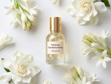 Tuberose Gardenia Musk perfume oil bottle surrounded by white tuberose and gardenia flowers in soft daylight elegance.