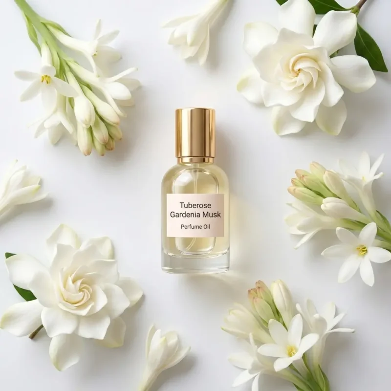 Tuberose Gardenia Musk perfume oil bottle surrounded by white tuberose and gardenia flowers in soft daylight elegance.