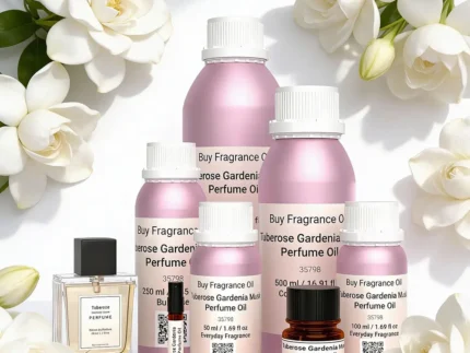 Tuberose Gardenia Musk perfume oil bottle surrounded by white tuberose and gardenia flowers in soft daylight elegance.