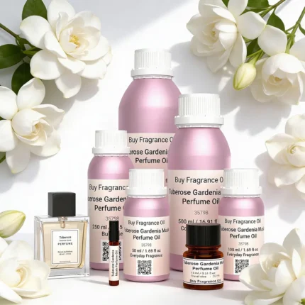 Tuberose Gardenia Musk perfume oil bottle surrounded by white tuberose and gardenia flowers in soft daylight elegance.