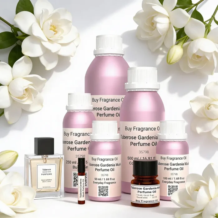 Tuberose Gardenia Musk perfume oil bottle surrounded by white tuberose and gardenia flowers in soft daylight elegance.