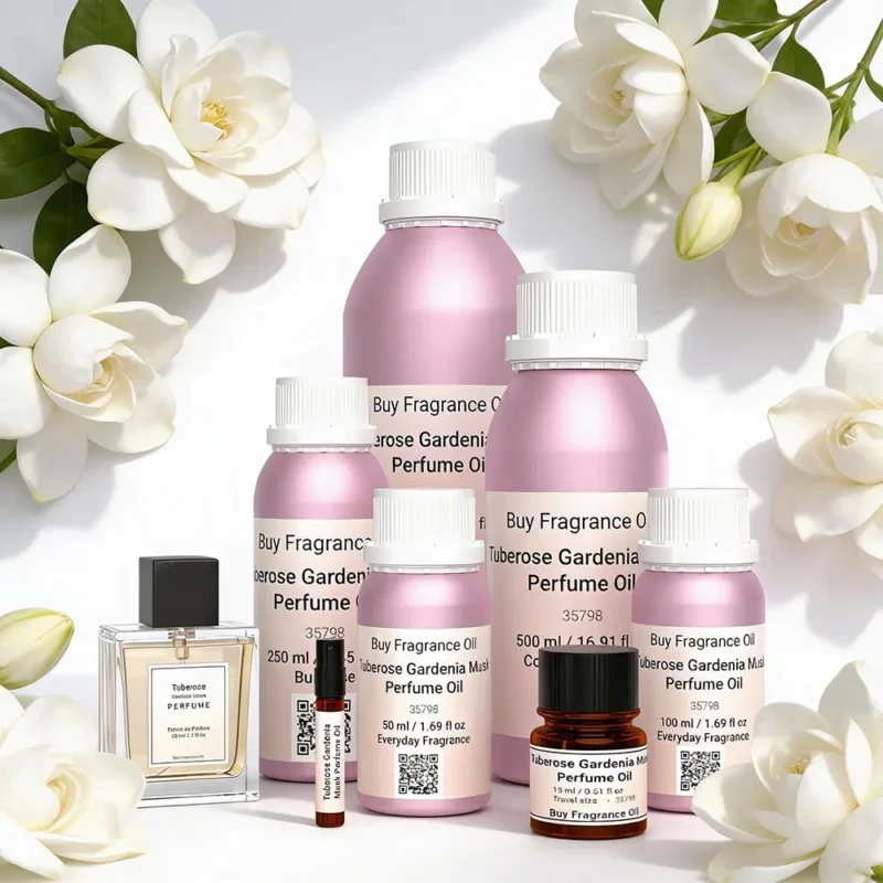 Tuberose Gardenia Musk perfume oil bottle surrounded by white tuberose and gardenia flowers in soft daylight elegance.