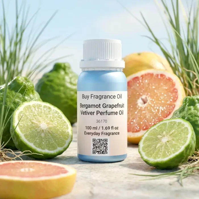 bergamot grapefruit vetiver perfume oil background with fresh citrus fruits and clean woody vetiver tones in a bright modern atmosphere