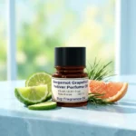 bergamot grapefruit vetiver perfume oil background with fresh citrus fruits and clean woody vetiver tones in a bright modern atmosphere