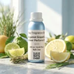 bergamot grapefruit vetiver perfume oil background with fresh citrus fruits and clean woody vetiver tones in a bright modern atmosphere