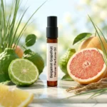 bergamot grapefruit vetiver perfume oil background with fresh citrus fruits and clean woody vetiver tones in a bright modern atmosphere