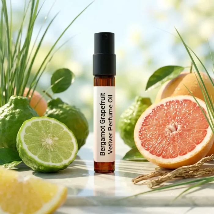 bergamot grapefruit vetiver perfume oil background with fresh citrus fruits and clean woody vetiver tones in a bright modern atmosphere