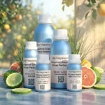 bergamot grapefruit vetiver perfume oil background with fresh citrus fruits and clean woody vetiver tones in a bright modern atmosphere