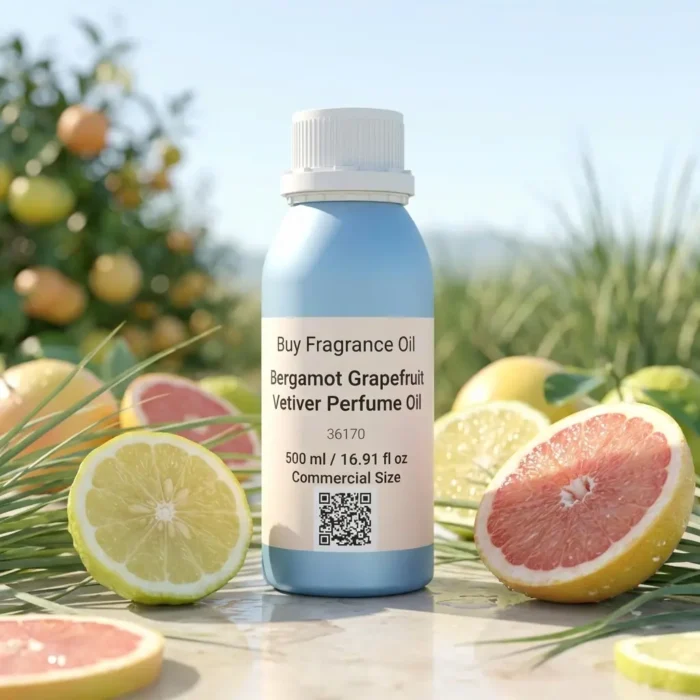 bergamot grapefruit vetiver perfume oil background with fresh citrus fruits and clean woody vetiver tones in a bright modern atmosphere