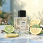 bergamot grapefruit vetiver perfume oil background with fresh citrus fruits and clean woody vetiver tones in a bright modern atmosphere