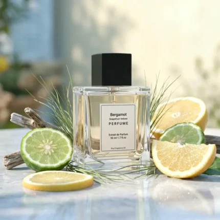 bergamot grapefruit vetiver perfume oil background with fresh citrus fruits and clean woody vetiver tones in a bright modern atmosphere