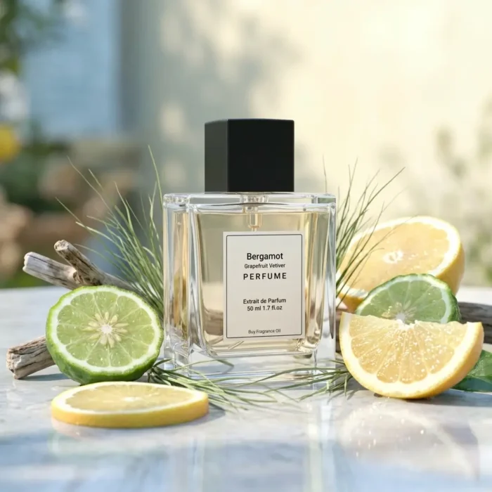 bergamot grapefruit vetiver perfume oil background with fresh citrus fruits and clean woody vetiver tones in a bright modern atmosphere