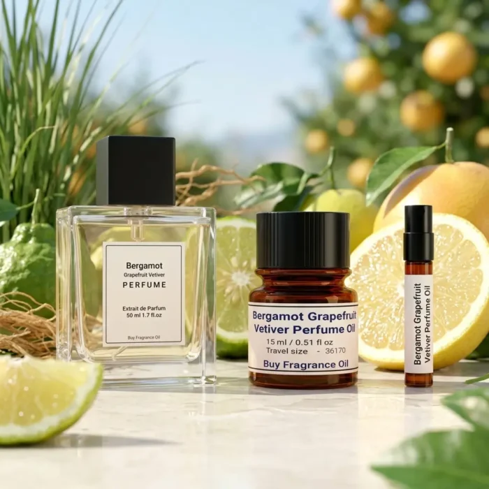 bergamot grapefruit vetiver perfume oil background with fresh citrus fruits and clean woody vetiver tones in a bright modern atmosphere