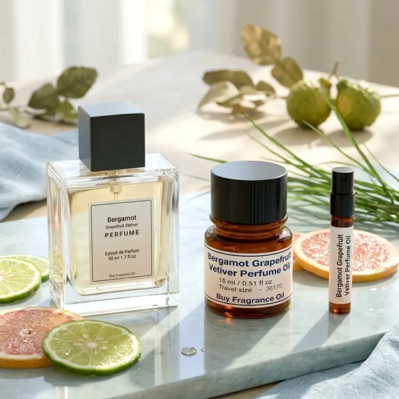 bergamot grapefruit vetiver perfume oil background with fresh citrus fruits and clean woody vetiver tones in a bright modern atmosphere