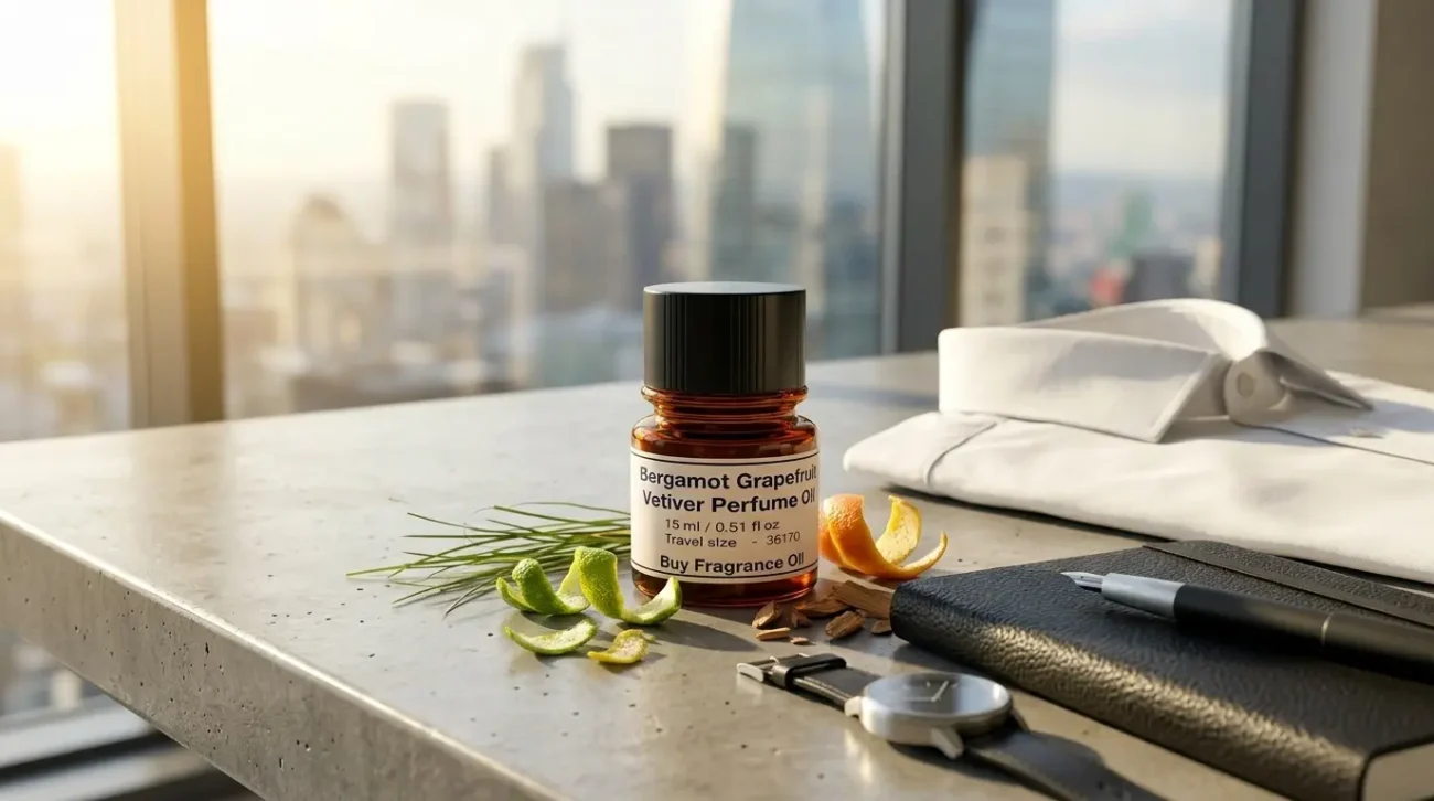 bergamot grapefruit vetiver perfume oil background with fresh citrus fruits and clean woody vetiver tones in a bright modern atmosphere