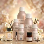 caramel jasmine vanilla perfume oil background with creamy caramel, soft white flowers and warm vanilla glow in a romantic atmosphere