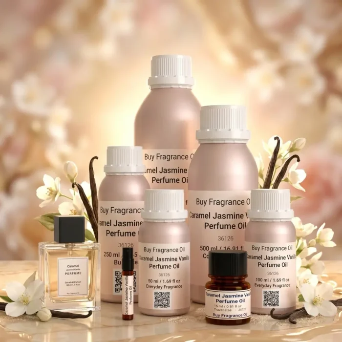 caramel jasmine vanilla perfume oil background with creamy caramel, soft white flowers and warm vanilla glow in a romantic atmosphere