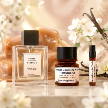 caramel jasmine vanilla perfume oil background with creamy caramel, soft white flowers and warm vanilla glow in a romantic atmosphere