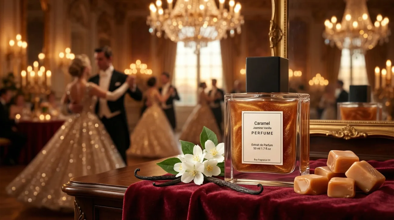 caramel jasmine vanilla perfume oil background with creamy caramel, soft white flowers and warm vanilla glow in a romantic atmosphere