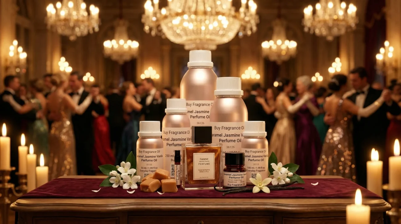 caramel jasmine vanilla perfume oil background with creamy caramel, soft white flowers and warm vanilla glow in a romantic atmosphere