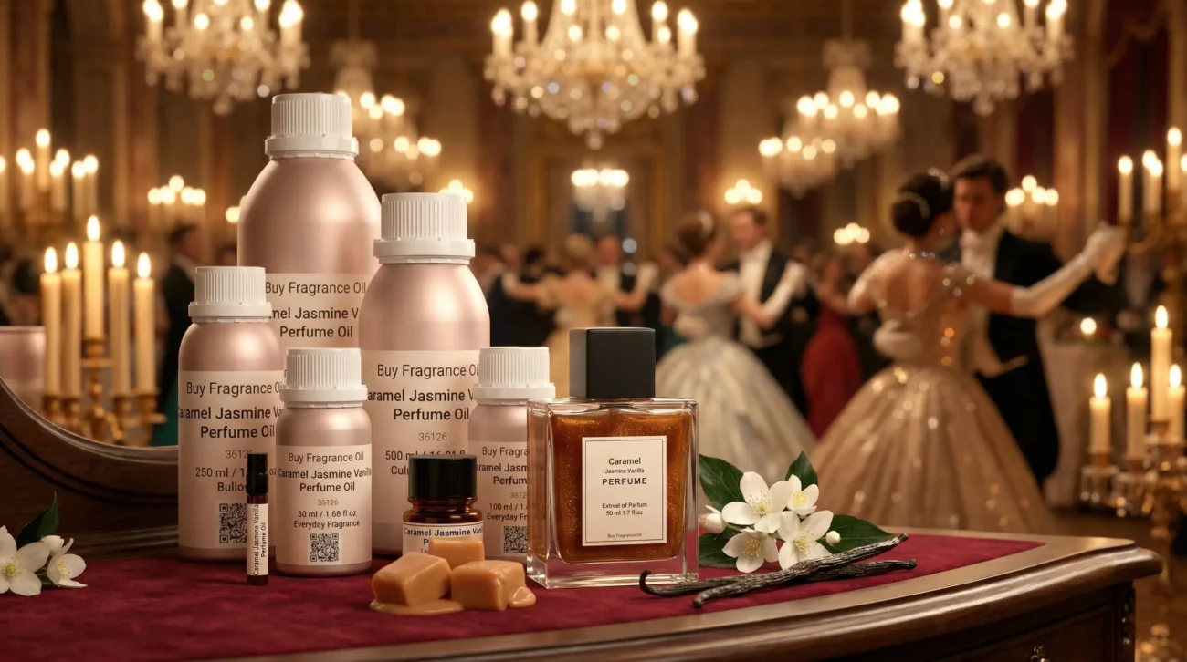 caramel jasmine vanilla perfume oil background with creamy caramel, soft white flowers and warm vanilla glow in a romantic atmosphere