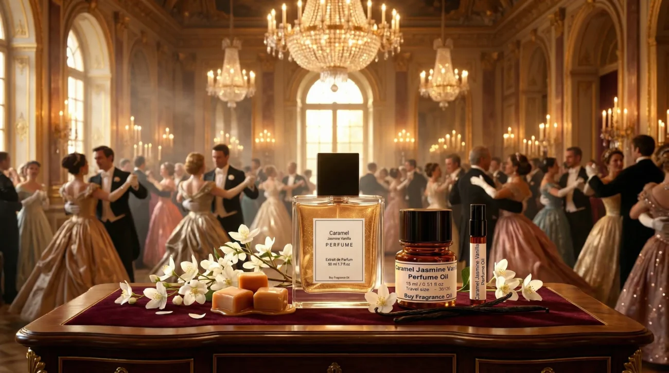 caramel jasmine vanilla perfume oil background with creamy caramel, soft white flowers and warm vanilla glow in a romantic atmosphere