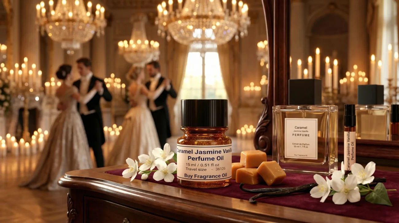 caramel jasmine vanilla perfume oil background with creamy caramel, soft white flowers and warm vanilla glow in a romantic atmosphere