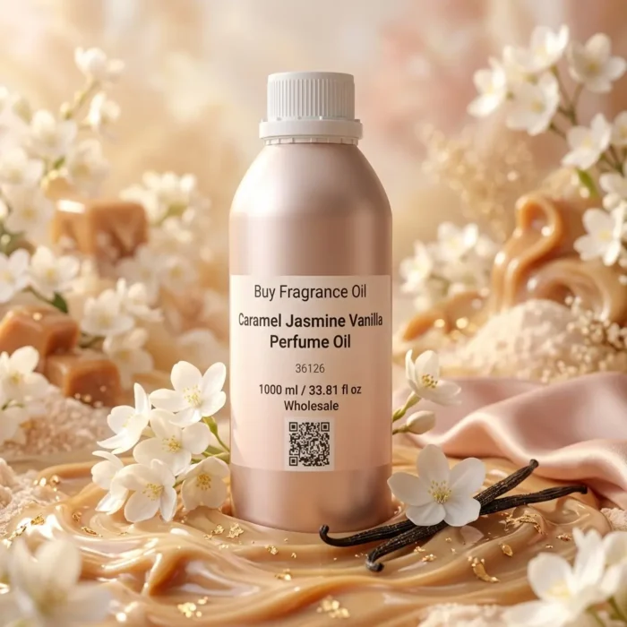 caramel jasmine vanilla perfume oil background with creamy caramel, soft white flowers and warm vanilla glow in a romantic atmosphere