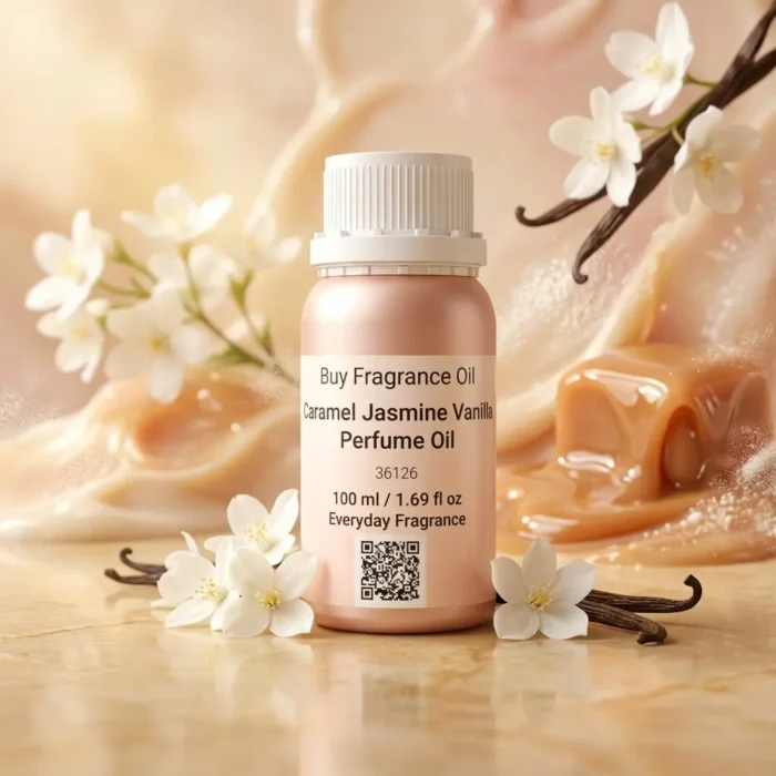 caramel jasmine vanilla perfume oil background with creamy caramel, soft white flowers and warm vanilla glow in a romantic atmosphere