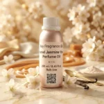 caramel jasmine vanilla perfume oil background with creamy caramel, soft white flowers and warm vanilla glow in a romantic atmosphere