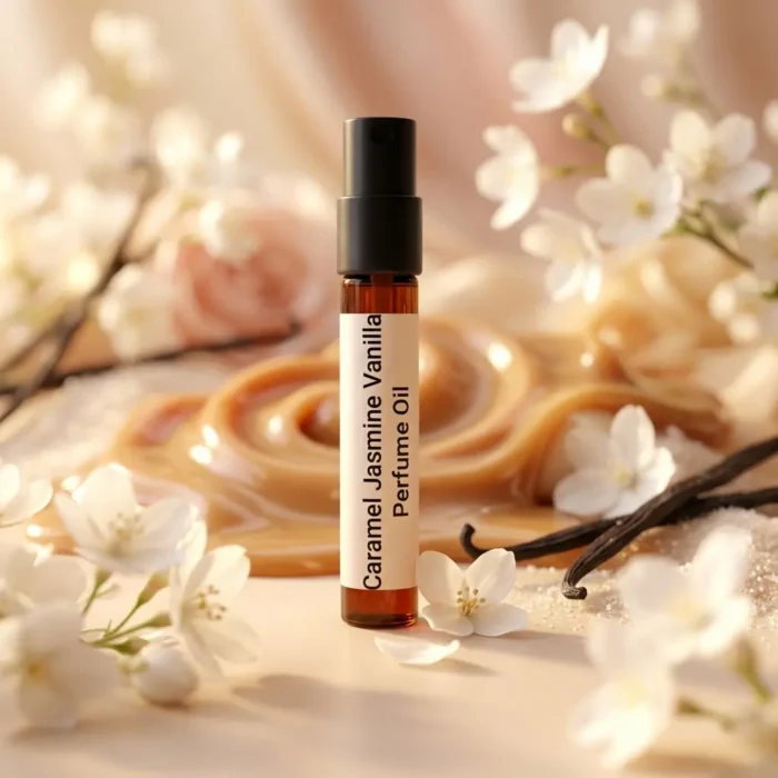 caramel jasmine vanilla perfume oil background with creamy caramel, soft white flowers and warm vanilla glow in a romantic atmosphere