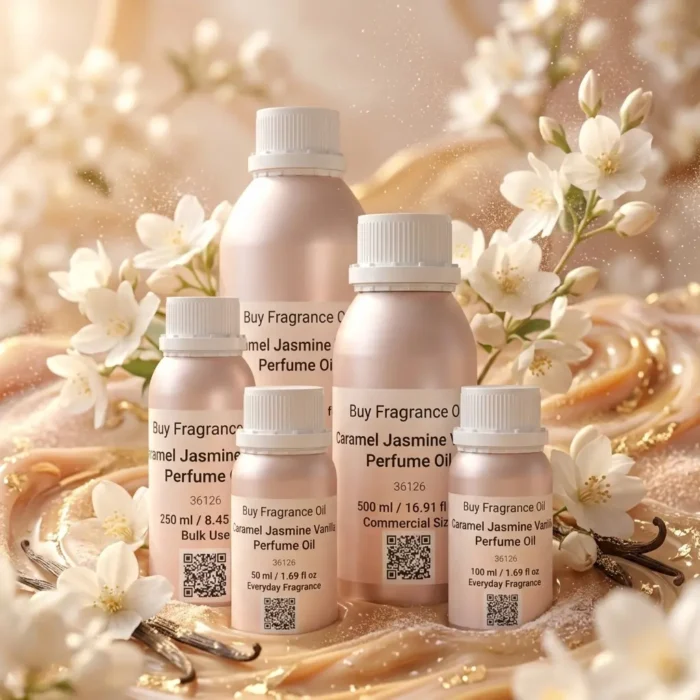 caramel jasmine vanilla perfume oil background with creamy caramel, soft white flowers and warm vanilla glow in a romantic atmosphere