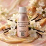 caramel jasmine vanilla perfume oil background with creamy caramel, soft white flowers and warm vanilla glow in a romantic atmosphere