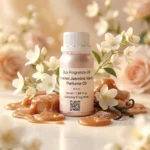 caramel jasmine vanilla perfume oil background with creamy caramel, soft white flowers and warm vanilla glow in a romantic atmosphere