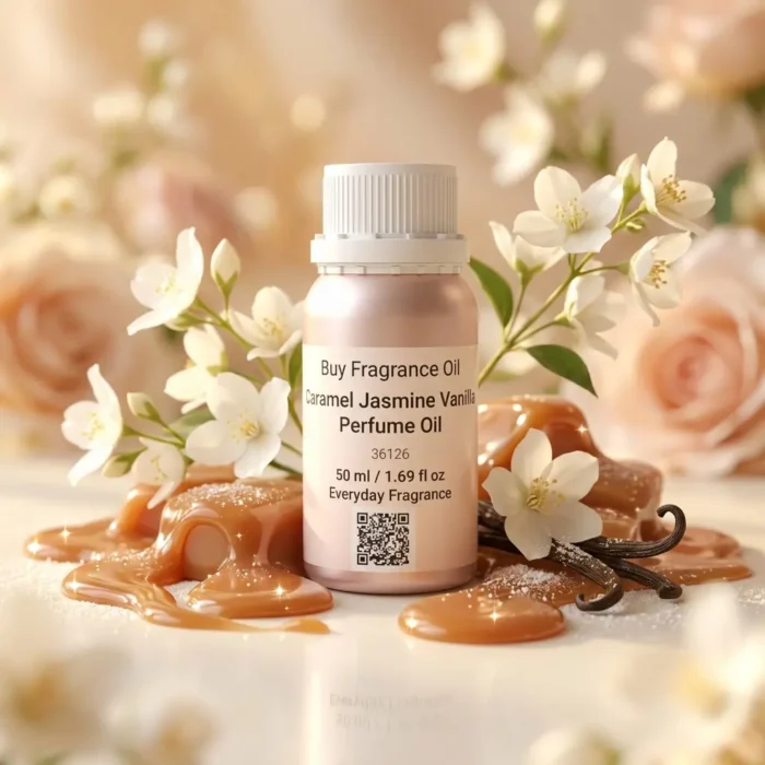 caramel jasmine vanilla perfume oil background with creamy caramel, soft white flowers and warm vanilla glow in a romantic atmosphere