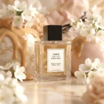 caramel jasmine vanilla perfume oil background with creamy caramel, soft white flowers and warm vanilla glow in a romantic atmosphere