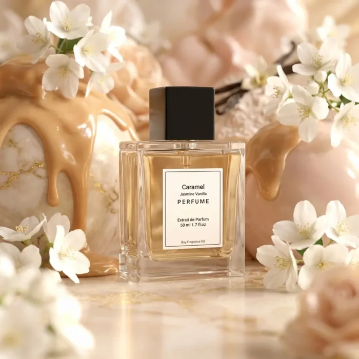 caramel jasmine vanilla perfume oil background with creamy caramel, soft white flowers and warm vanilla glow in a romantic atmosphere