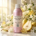 jasmine ylang pear perfume oil background with fresh pear, soft white flowers and golden sunlight glow in a clean elegant atmosphere