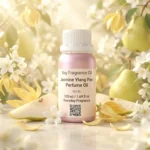 jasmine ylang pear perfume oil background with fresh pear, soft white flowers and golden sunlight glow in a clean elegant atmosphere