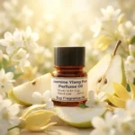jasmine ylang pear perfume oil background with fresh pear, soft white flowers and golden sunlight glow in a clean elegant atmosphere
