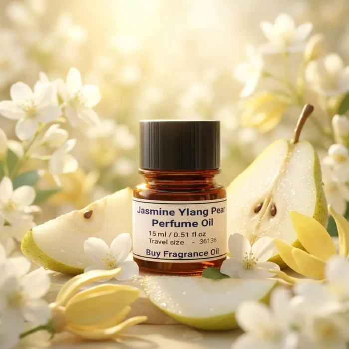 jasmine ylang pear perfume oil background with fresh pear, soft white flowers and golden sunlight glow in a clean elegant atmosphere