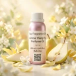 jasmine ylang pear perfume oil background with fresh pear, soft white flowers and golden sunlight glow in a clean elegant atmosphere