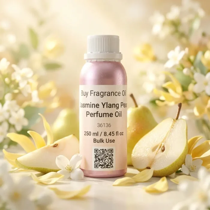 jasmine ylang pear perfume oil background with fresh pear, soft white flowers and golden sunlight glow in a clean elegant atmosphere