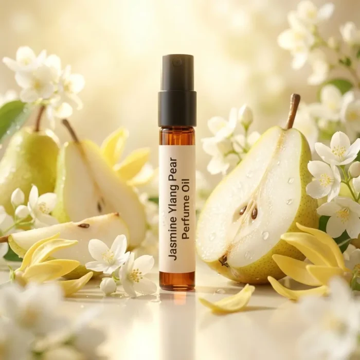 jasmine ylang pear perfume oil background with fresh pear, soft white flowers and golden sunlight glow in a clean elegant atmosphere