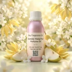 jasmine ylang pear perfume oil background with fresh pear, soft white flowers and golden sunlight glow in a clean elegant atmosphere