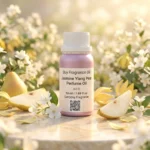 jasmine ylang pear perfume oil background with fresh pear, soft white flowers and golden sunlight glow in a clean elegant atmosphere