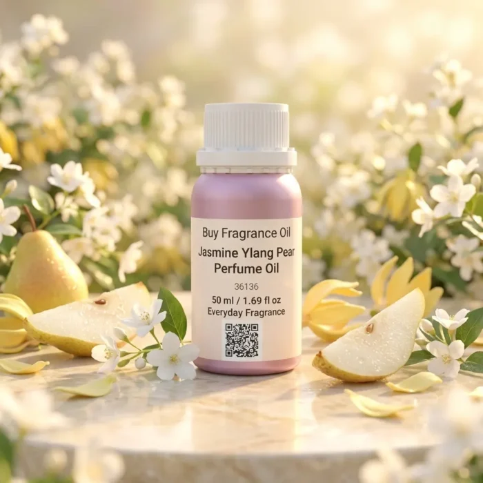 jasmine ylang pear perfume oil background with fresh pear, soft white flowers and golden sunlight glow in a clean elegant atmosphere
