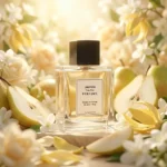 jasmine ylang pear perfume oil background with fresh pear, soft white flowers and golden sunlight glow in a clean elegant atmosphere