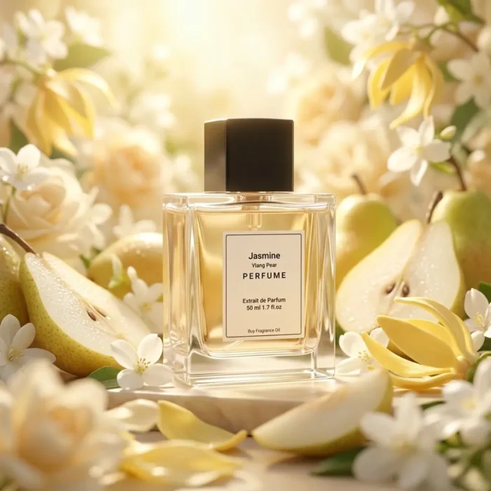 jasmine ylang pear perfume oil background with fresh pear, soft white flowers and golden sunlight glow in a clean elegant atmosphere