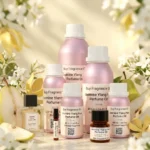 jasmine ylang pear perfume oil background with fresh pear, soft white flowers and golden sunlight glow in a clean elegant atmosphere